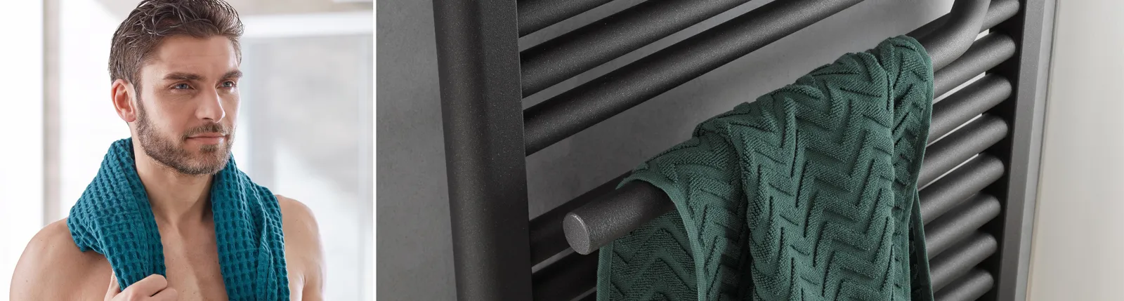 Fotocollage aus zwei Bildern zum Thema Designheizkörper von HSK mit Handtuchwärmer und lächelndem Mann.