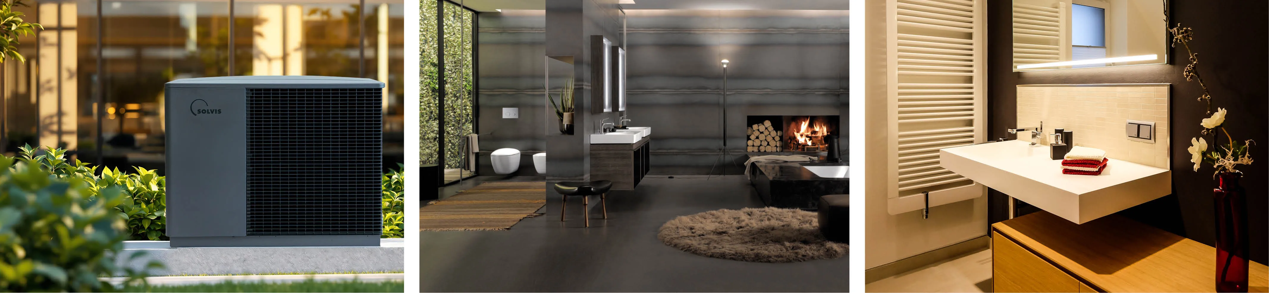Header mit zentriertem Foto von Bad und Kamin sowie einer Solvis-Wärmepumpe und einer Badreferenz von Lodewick.