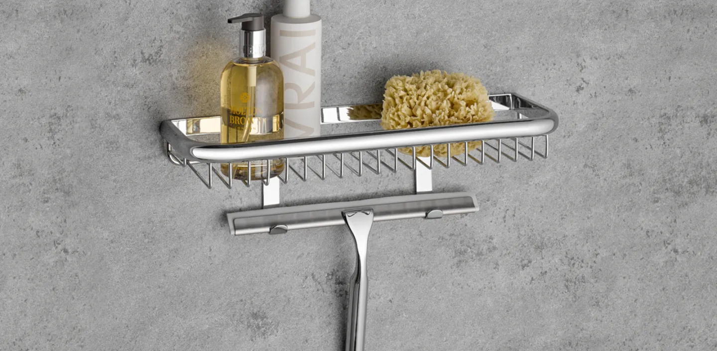 Ein Duschkorb von HSK mit Dusch Accessoires.