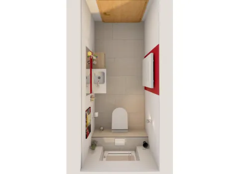 3D-Draufsicht eines schmalen Badezimmers mit Waschtisch, WC und roter Akzentwand.