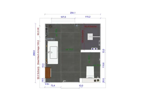 Technischer Grundriss eines Badezimmers mit Maßangaben für Dusche, Waschtisch, WC und Bewegungsflächen.