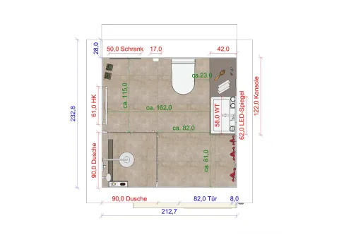 Grundriss eines Referenz-Badezimmers im Dachgeschoss des Betriebes Lodewick.