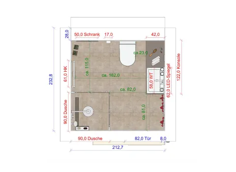 Grundriss eines Referenz-Badezimmers im Dachgeschoss des Betriebes Lodewick.