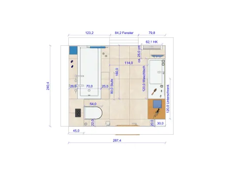 Grundriss eines Badezimmers mit Dusche, Badewanne, Waschtisch und WC inklusive Maßangaben.