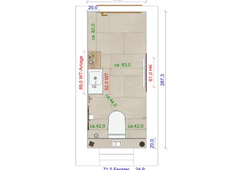Badgrundriss mit Maßen, Dusche, WC und Waschtisch in Draufsicht.