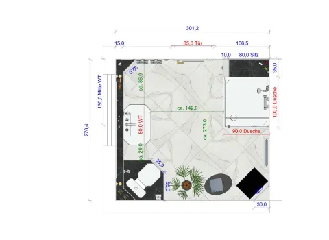 Grundriss eines luxuriösen Badezimmers mit Marmorboden, Waschtisch, Dusche und Sitzbank.