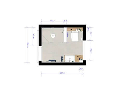 Badezimmer-Grundriss mit Maßangaben, bodengleicher Dusche, Waschtisch und WC in kompakter Raumplanung.