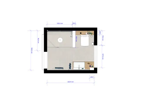 Badezimmer-Grundriss mit Maßangaben, bodengleicher Dusche, Waschtisch und WC in kompakter Raumplanung.