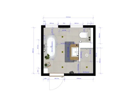 Grundriss eines Badezimmers mit Maßangaben und Anordnung von Badewanne, Dusche und Waschtisch.