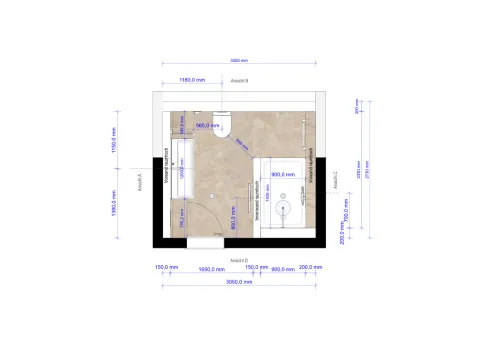 Detaillierter Badezimmer-Grundriss mit Millimeter-Maßangaben, Badewanne, Dusche, Waschtisch und WC in kompakter Raumaufteilung.