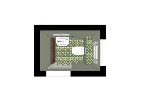 Grundriss eines Gäste-WCs in Vogelperspektive mit Anordnung von Waschbecken und WC.