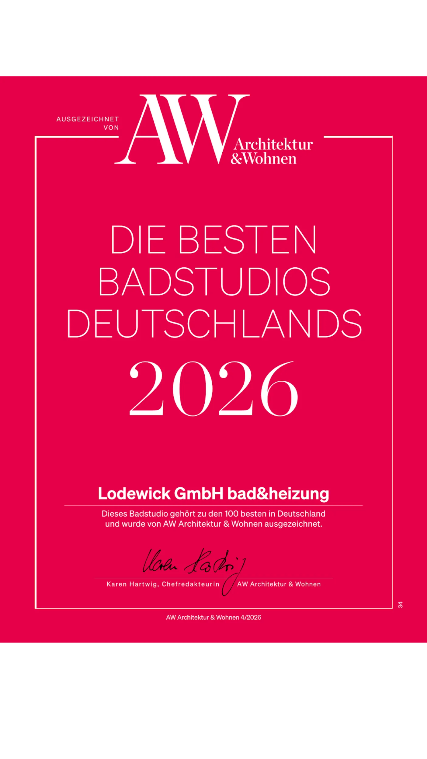 Zertifikat Beste Badstudios Deutschlands herausgegeben von Architektur und Wohnen.