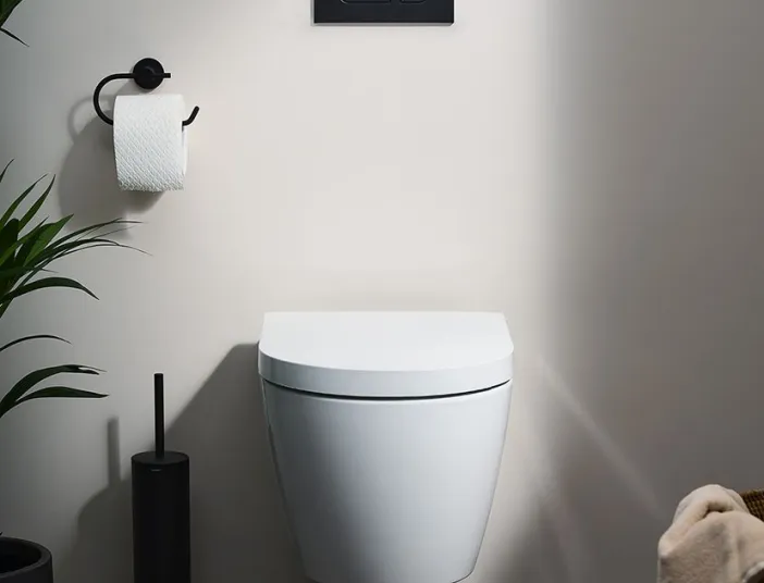 Ein modernes Wand-WC der Duravit Hero Edition ist mittig vor einer hellen Badezimmerwand montiert. Darüber befindet sich eine schwarze Spültaste mit zwei klar abgegrenzten Tasten für die Wassermenge.